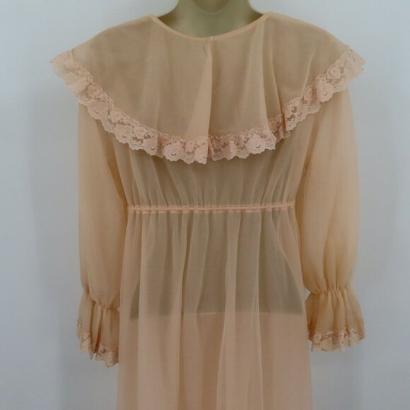 VTG Montgomery Ward Medium Pastel Orange Sheer Lace Trim Peignoir Robe Bathrobe - Picture 7 of 12